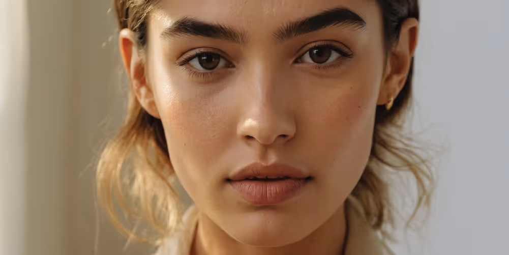 A close-up portrait of a young woman with light brown hair and natural makeup, looking directly at the camera with a neutral expression.