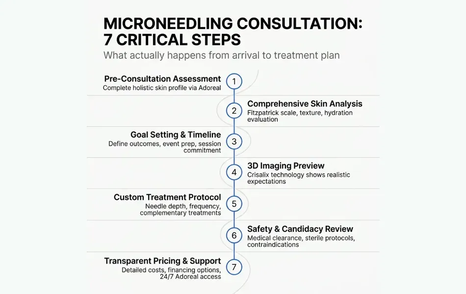Infographic outlining the Microneedling Consultation process in 7 critical steps: Pre-Consultation Assessment via Adoreal, Comprehensive Skin Analysis, Goal Setting, 3D Imaging Preview with Crisalix, Custom Treatment Protocol, Safety Review, and Transparent Pricing