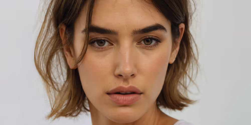 A close-up portrait of a woman with shoulder-length, wavy brown hair and natural makeup, looking directly at the camera with a neutral expression.